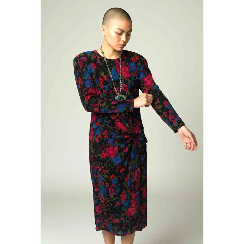 Louis Féraud Floral Silk Viscose Dress West Germany Sz 6 Side Sash Draped Waist